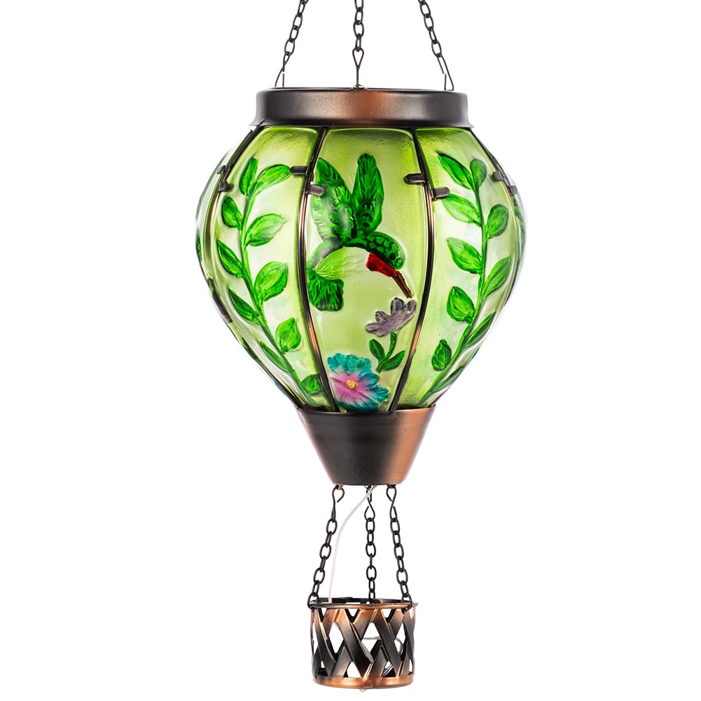 Giole Hummingbird Hot Air Balloon Solar Lantern with Flame , Waterproof Solar Lantern Hanging Glass Outdoor Lantern Decor for Pa
