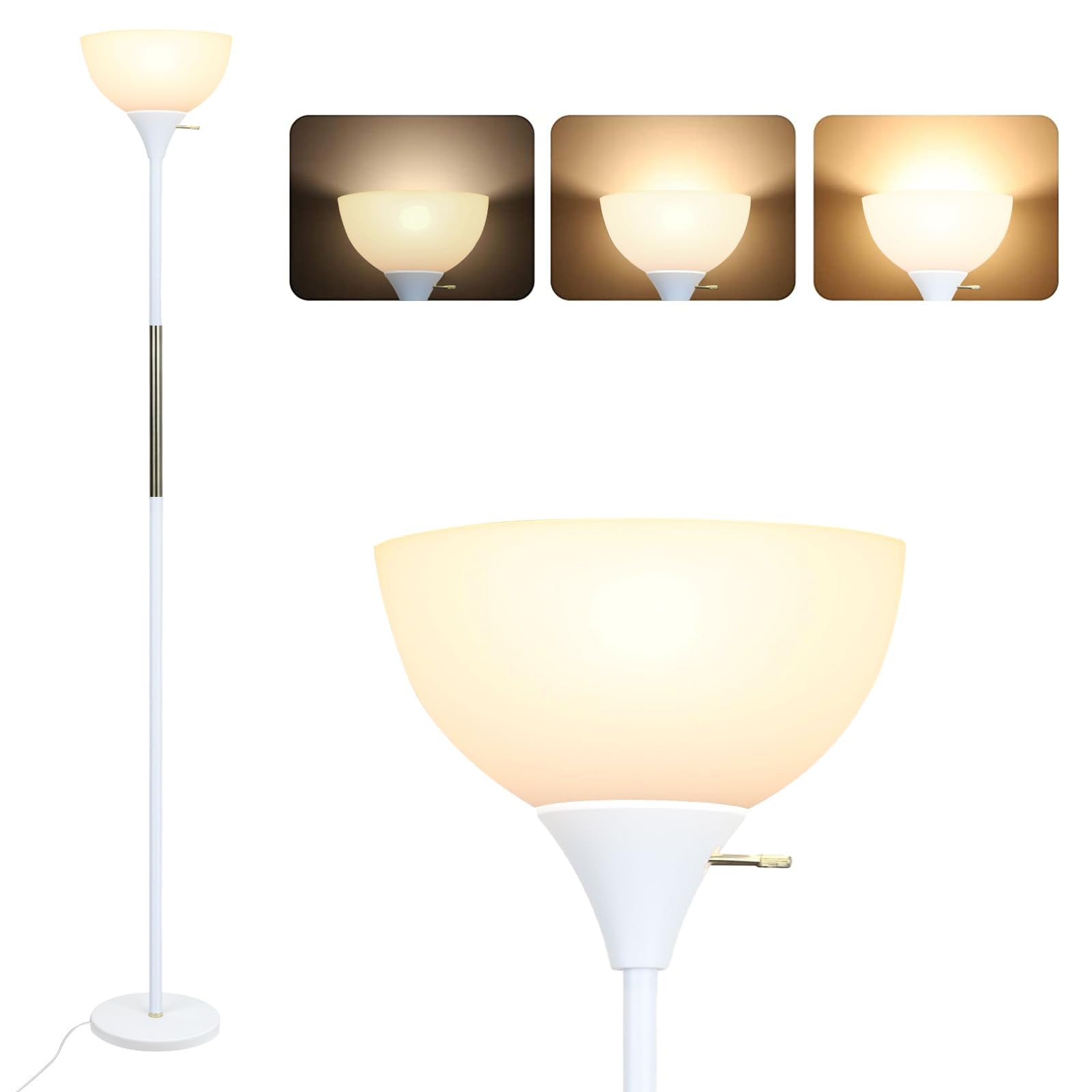 LALISU Floor Lamp, LED 3 Way Dimmable, Metal, White, Model LALISUAF09, Modern Industrial Design for Living Room, Bedroom, Office