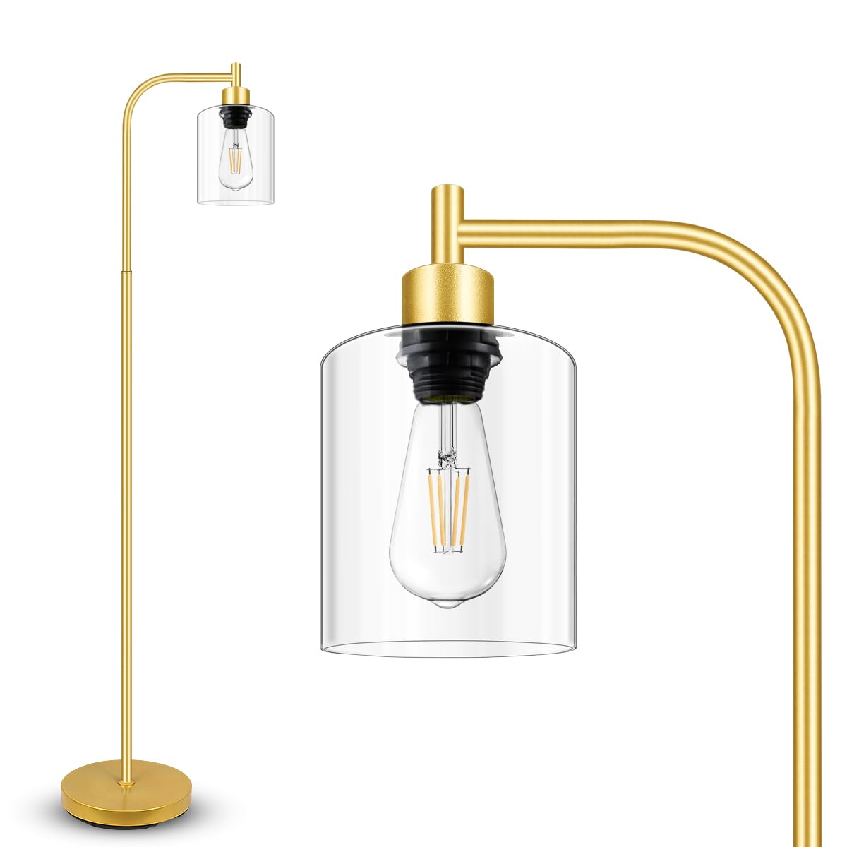 Gold Floor Lamp, Standing Lamp with Glass Lampshade, 6W LED Bulb Included, Modern Floor Lamp with Foot Switch, Industrial Floor 