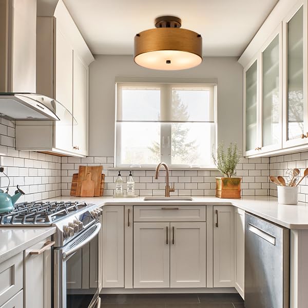 12''Semi Flush Mount Ceiling Light Fixture,3-Light Small Brass Chandelier Drum Lighting With Age Gold Metal Shade,Modern Close T