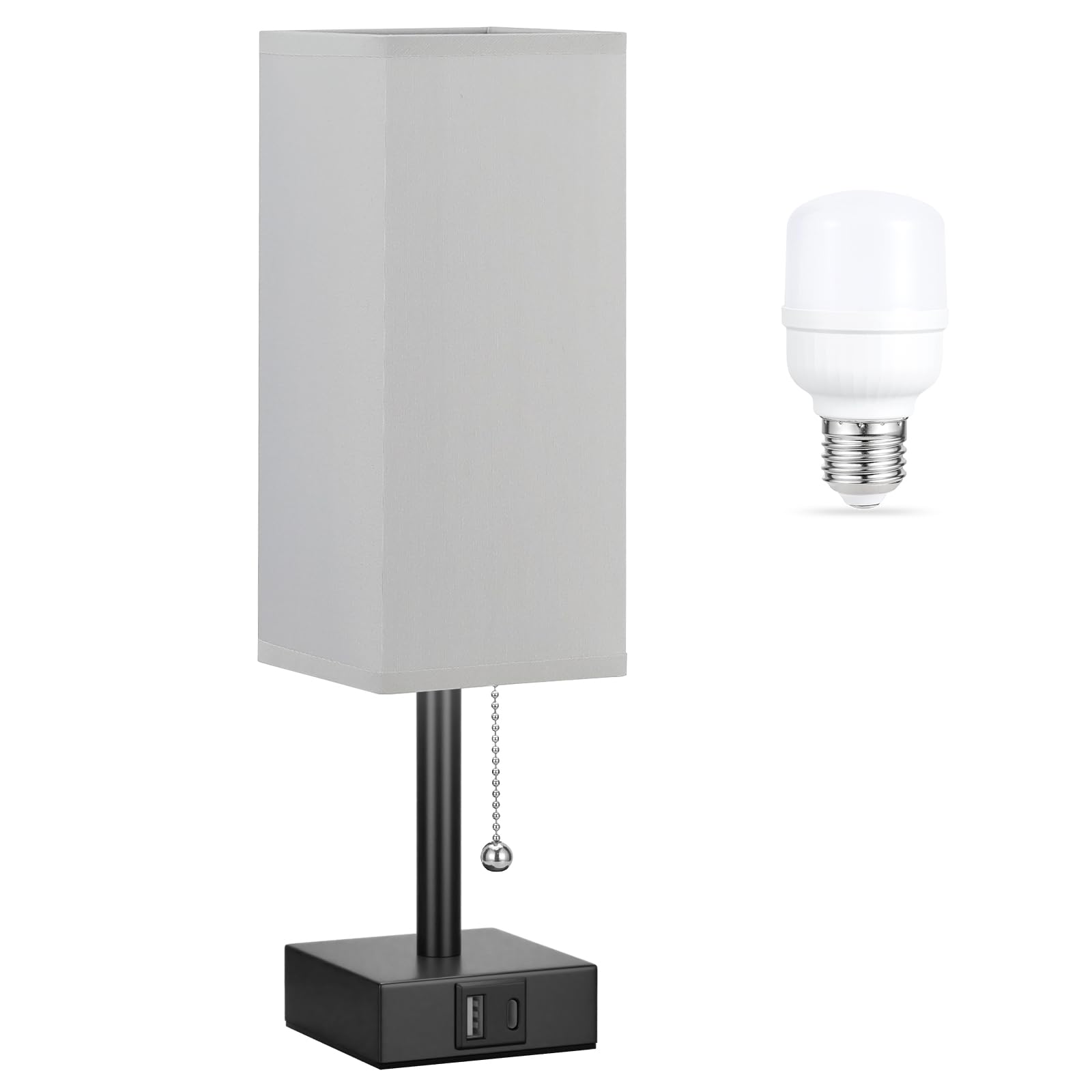 Gray Small Bedroom Lamp - 3 Color Temperature 3000K 5000K 4000K Bedside Lamp, Pull Chain Control, USB A and C Charging Ports, Black Base, for Kids Office Dorm, Bulb Included