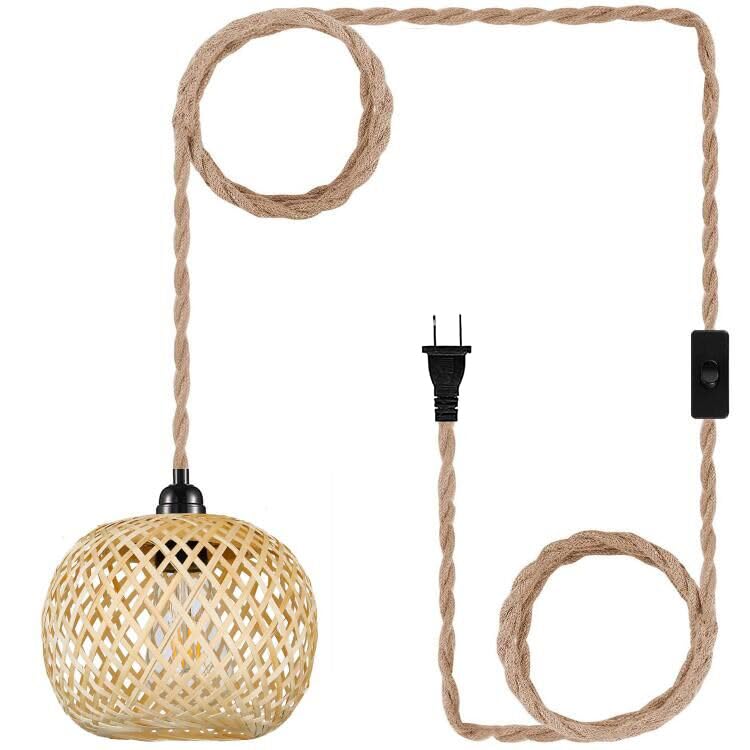 Vintage Plug in Pendant Light Wicker Rattan Hanging Lights with 15ft Hemp Rope Cord Mini Bamboo Lampshade Boho Wall Lighting Fix