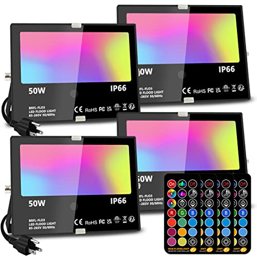 MELPO 50W RGB LED Flood Light - IP66 Waterproof, 12 Colors, 4 Modes, 4 Pack, Aluminum