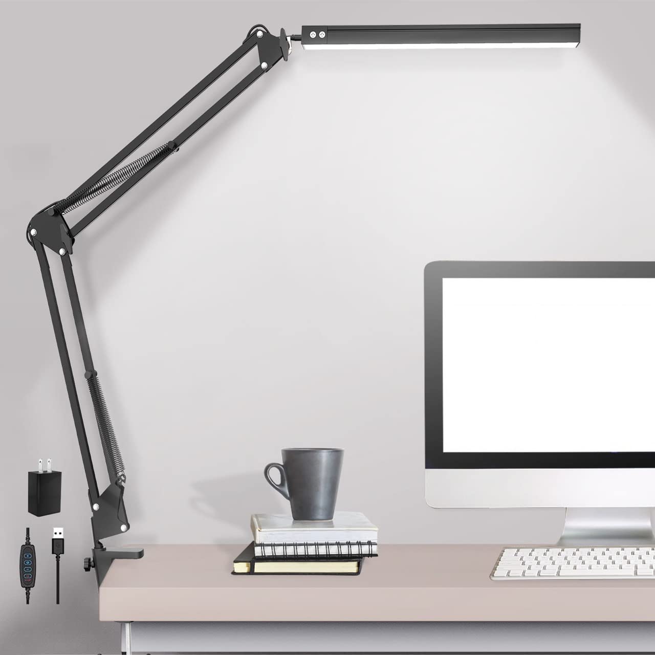 LED Desk Lamp Adjustable Swing Arm Desk Lamp with Clamp Dimmable Desk Light Eye-Care Table Light  Memory Function  3 Color Modes  10-Level Brightness Table Lamp for Home  Office  Study  Reading