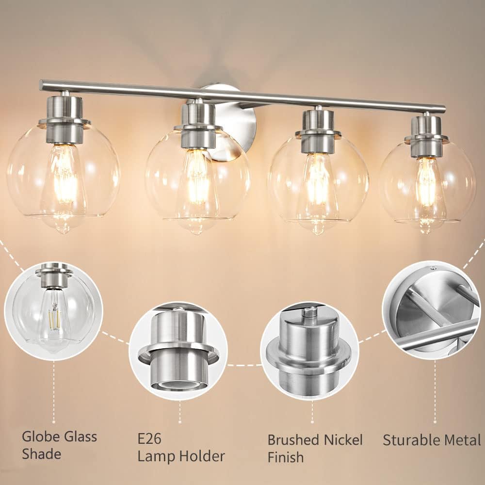 Lanmate Bathroom Vanity Light Fixture, 4-Lights, Clear Glass Shade, 29.5 inch, Modern, Brushed Nickel, Model 4L-CG-BN-29.5