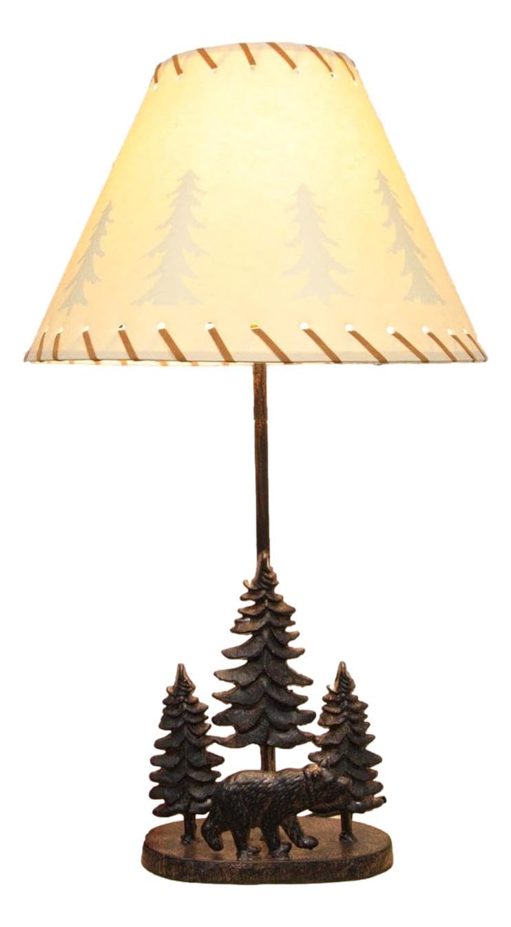 Ebros Rustic Midnight Black Bear Roaming In Pine Trees Forest Metal Table Lamp Statue With Pine Tree Shadows Printed Shade 24.5" High Mountain Woodland Cabin Lodge Western Decor Bears Desktop Lamps