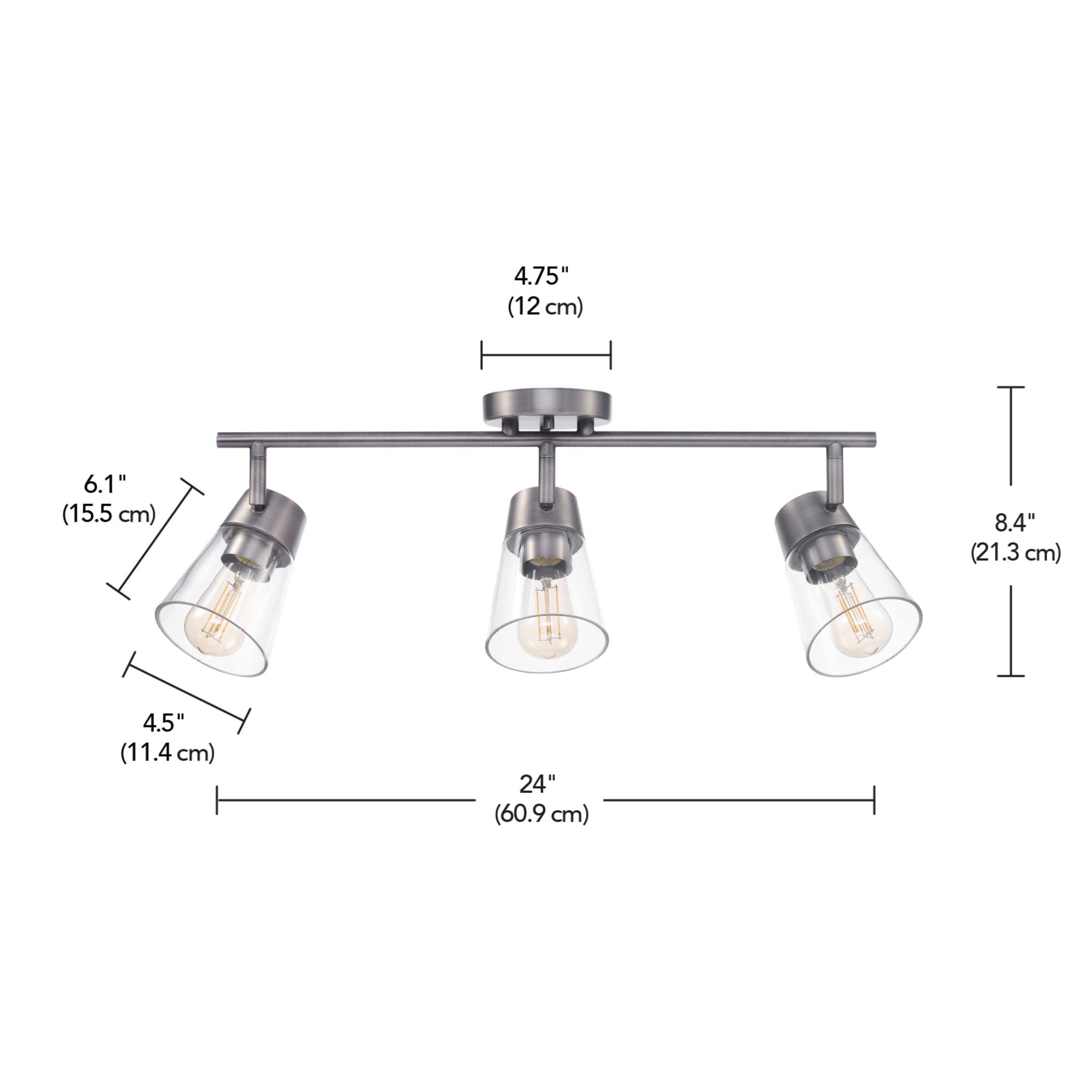 Globe Electric 3-Light Track Lighting, Pewter, Clear Glass Shades, Model 64000045, E26 Socket, Kitchen Ceiling Light