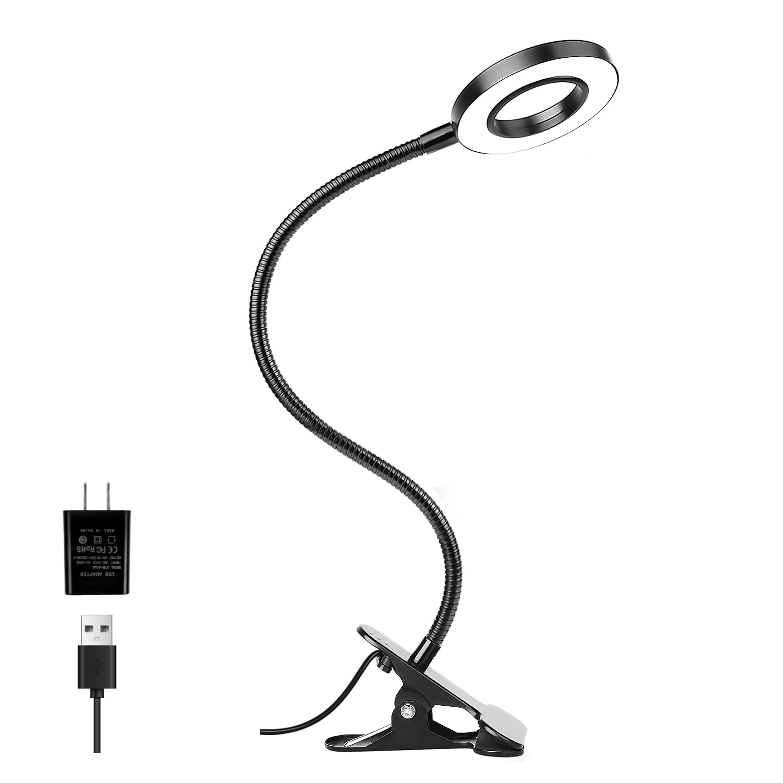 Woputne Desk Clip-On Lamp, 10 Dimmable Brightness Modes, Black Reading Light For Home Office