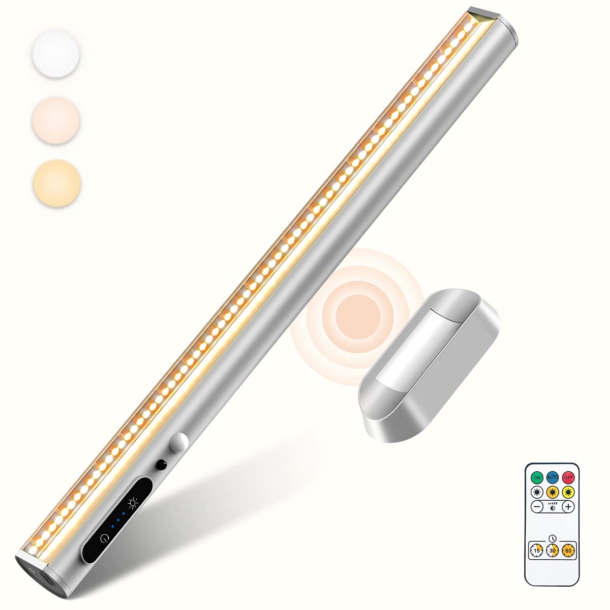 bravzurg Motion Sensor LED Light Bar, Rechargeable Magnetic Under Cabinet Lighting, Aluminum, Silver, Model YZYK350-SR04