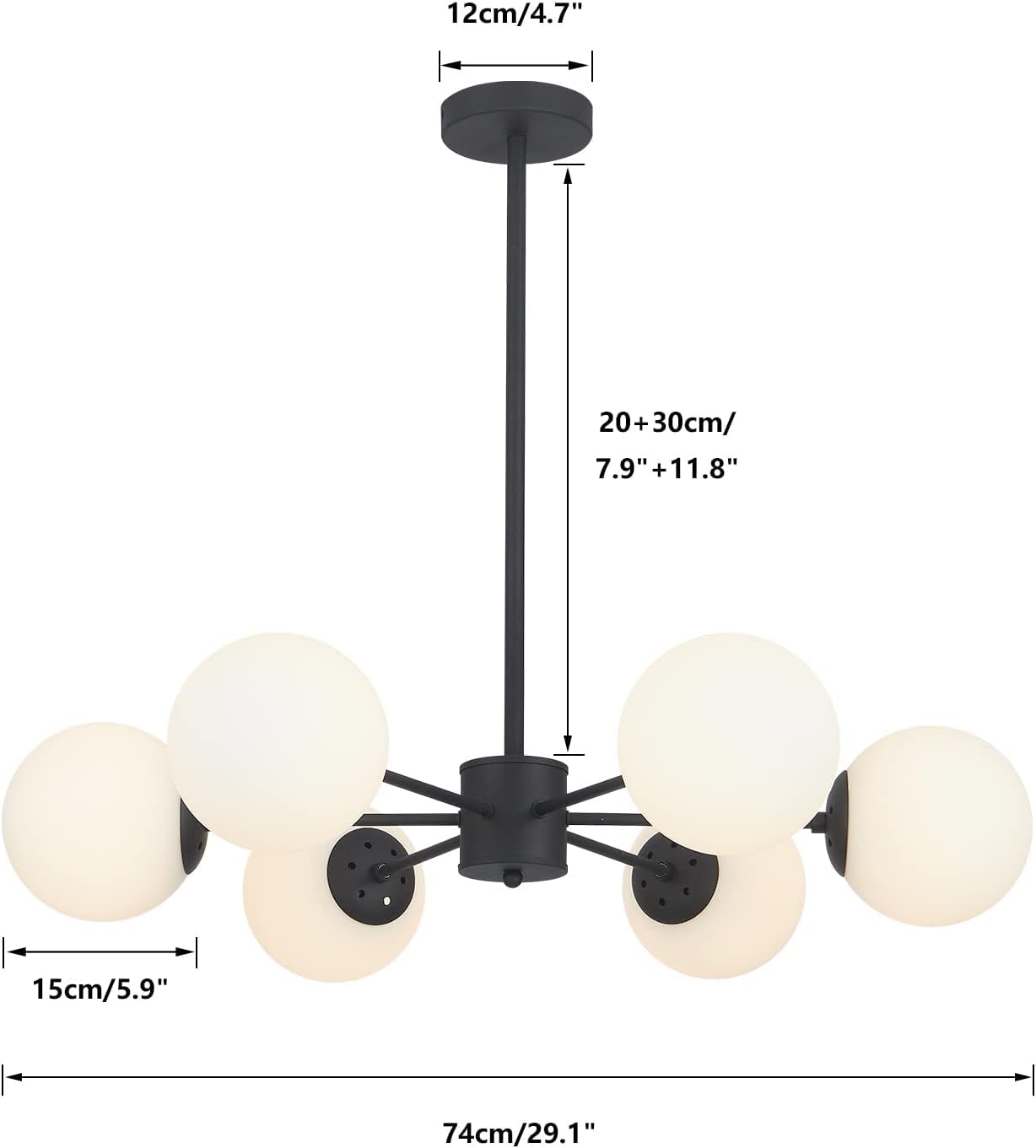 Kco Lighting Matte Black Sputnik Chandelier Light Fixture Mid Century 6-Light Milk Glass Ball Chandelier Modern Globe Flush Moun