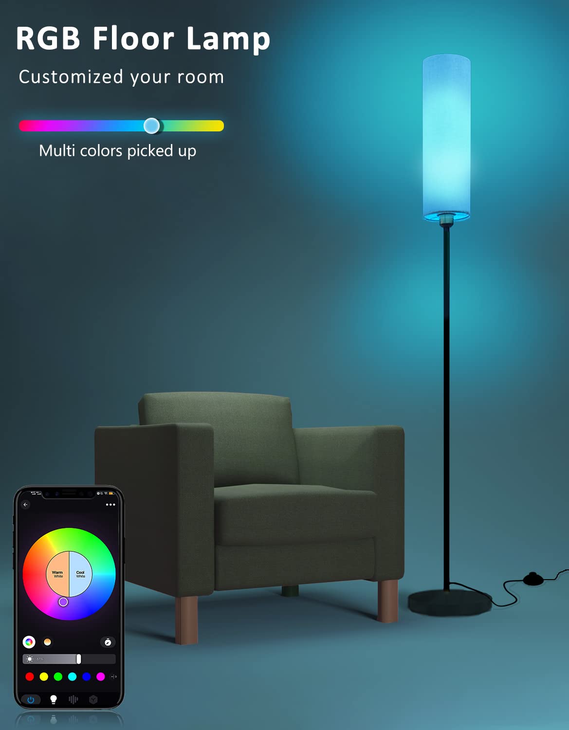 Smart Floor Lamp Works With Alexa & Google Home, Color Changing Stepless Dimmable For Living Room, Modern Standing Wifi Lamps Wi