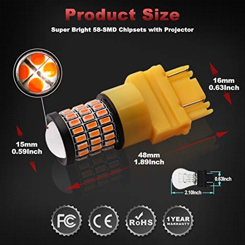 Yorkim 3157 Led Bulb Amber Ultra Bright, 3157 Led Brake Lights, 3157 Led Backup Reverse Lights, 3156 Led Tail Lights With Projector - 3056 3156 3156A 3057 4057 3157 4157 T25 Led Bulbs, Pack Of 4