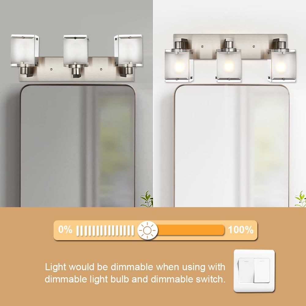 WINSHEN Modern 3-Lights Brushed Nickel Vanity Light Fixture with Frosted Glass Shades, Metal, Model 3WSN-XOTFZO