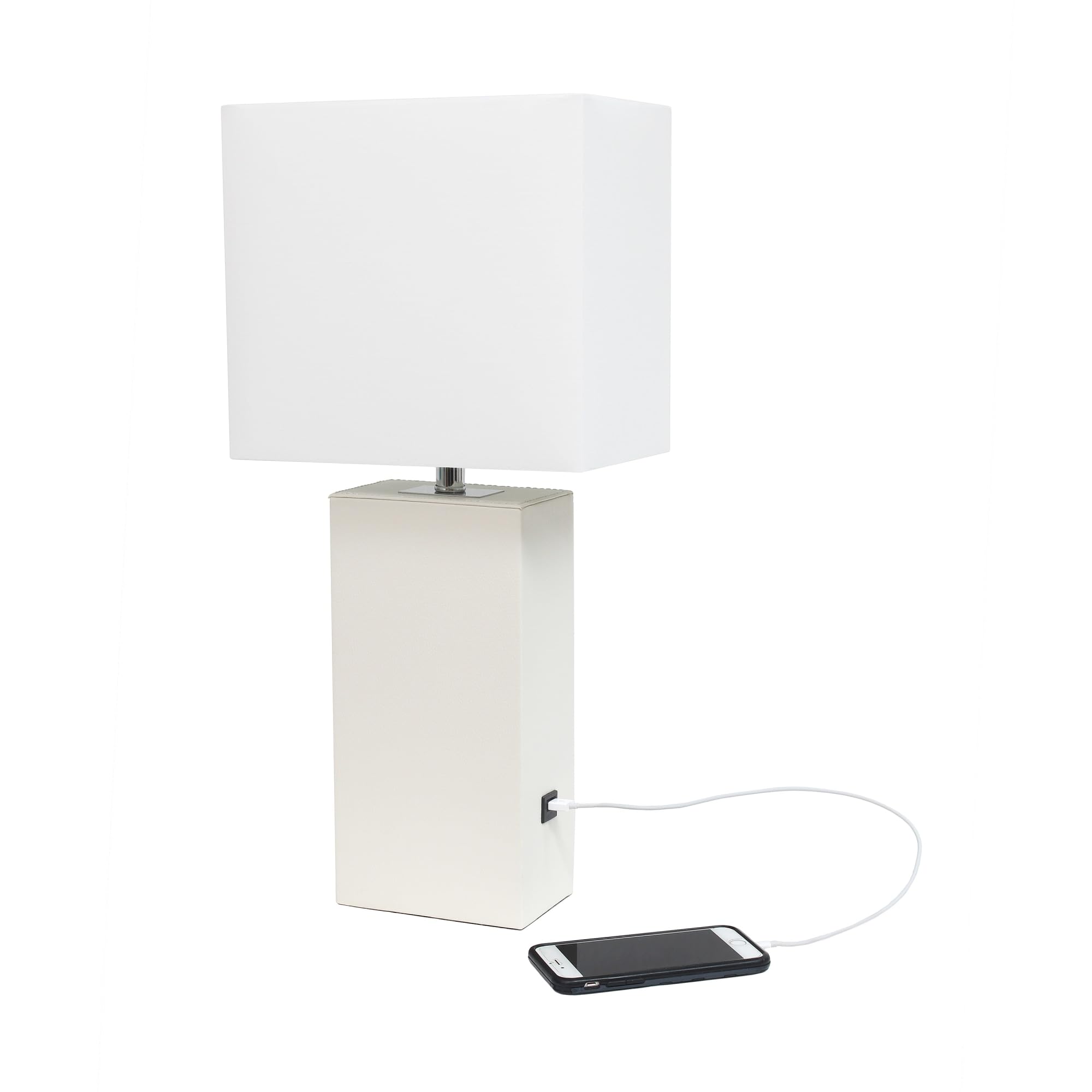 Elegant Designs Lt1053-Wht Modern Leather Table Lamp With Usb And White Fabric Shade, White(Pack Of 1)