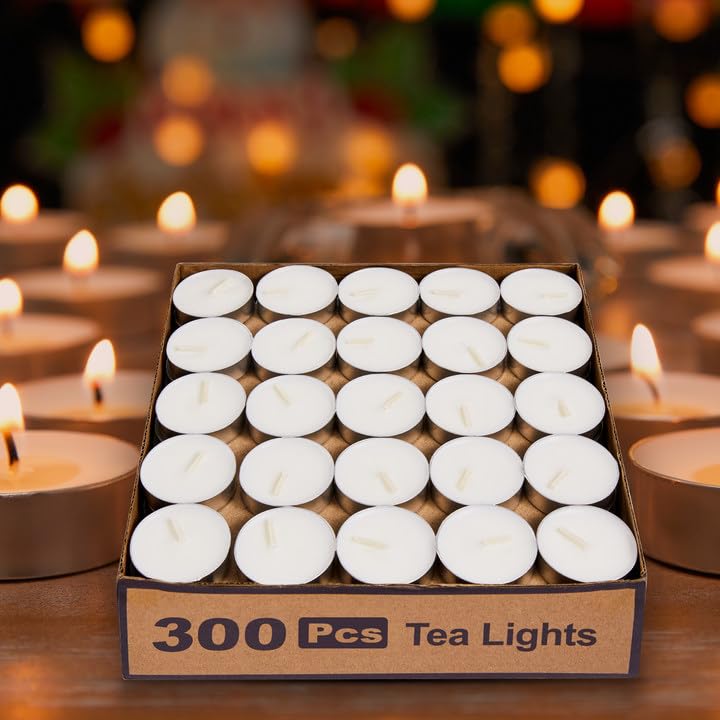 Tea Lights Candles - 300 Pack, 4-5 Hours Fully Burns Tealight Candles Unscented Smokeless Bright Flame Paraffin Tealights For Home, Sabbath, Weddings, Christmas & Halloween Decor, White