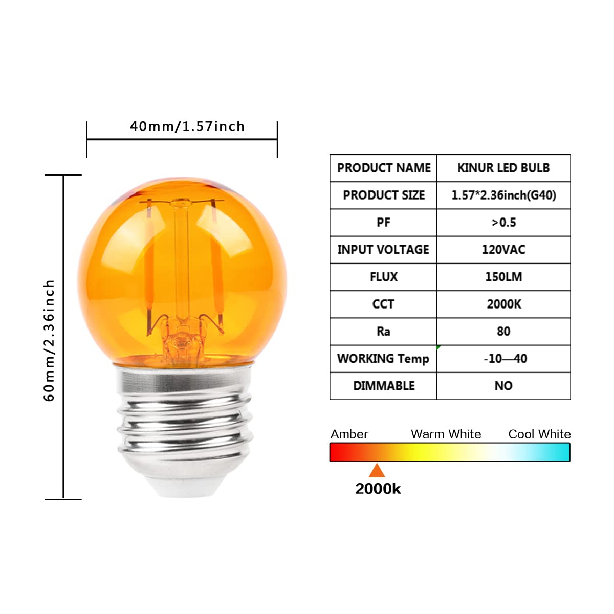 KINUR G40 Amber LED Bulbs, 2000K Soft Warm Light, E26 Base, 4 Pack, Glass, Low Wattage for Healthy Sleep and Nursery Lighting