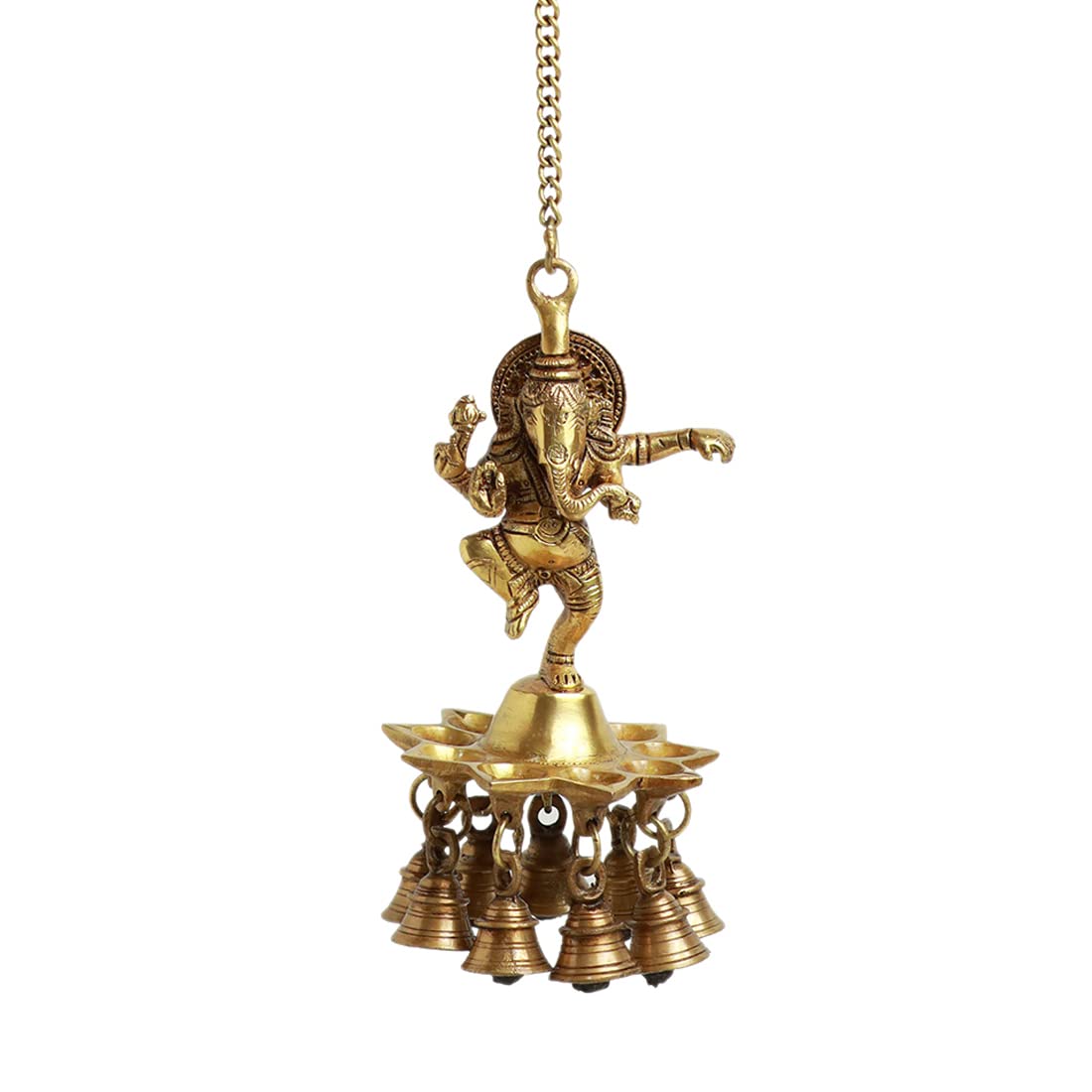 ExclusiveLane Swaying Ganesha Decorative Brass Hanging Diya for Puja Room Mandir with Bell (Pure Brass, 9 Diyas & Bells, 22.2 In