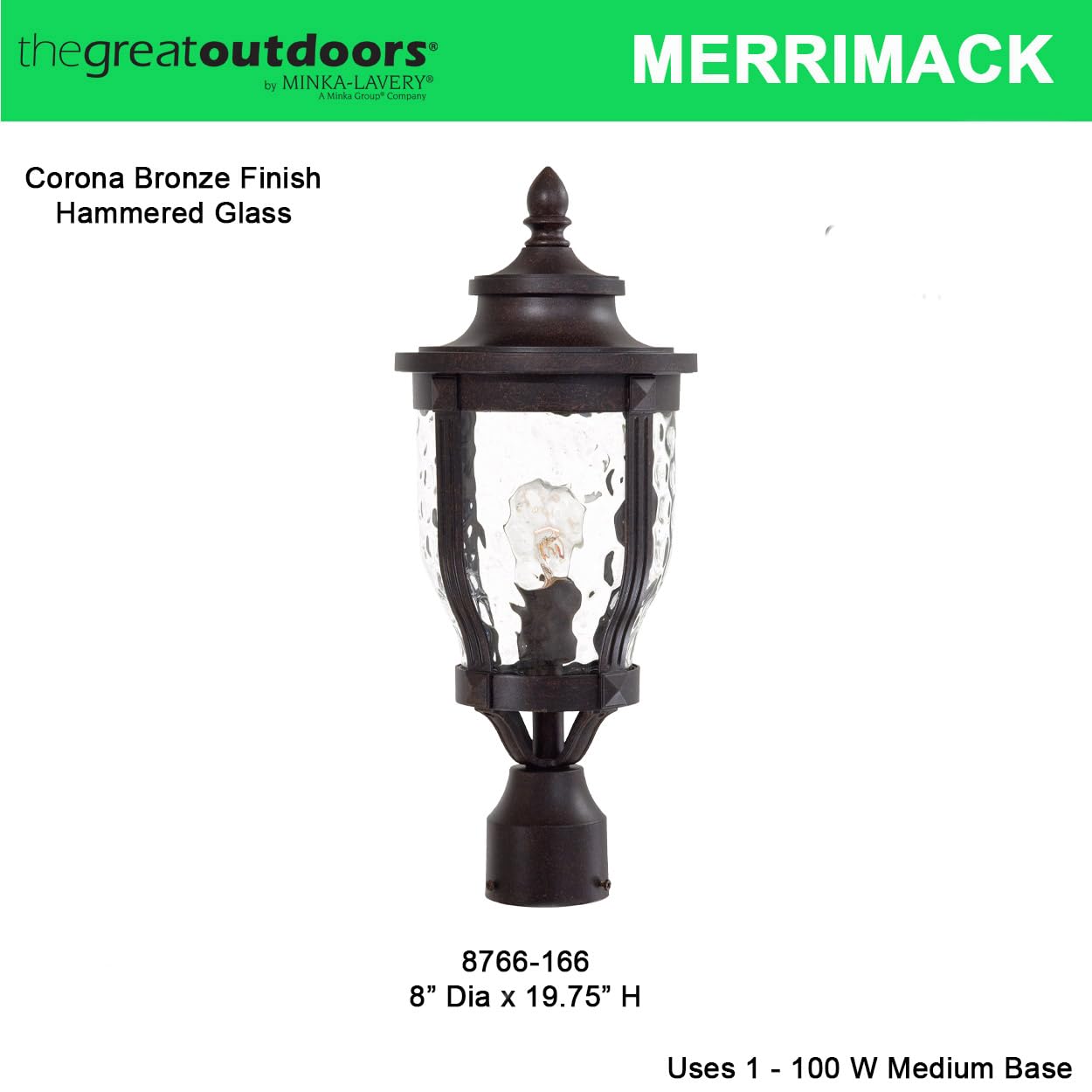 The Great Outdoors 8766-166 Merrimack Outdoor Post Mount, 1-Light, 100 Total Watts, 8-In H X 19.75-In W, Corona Bronze