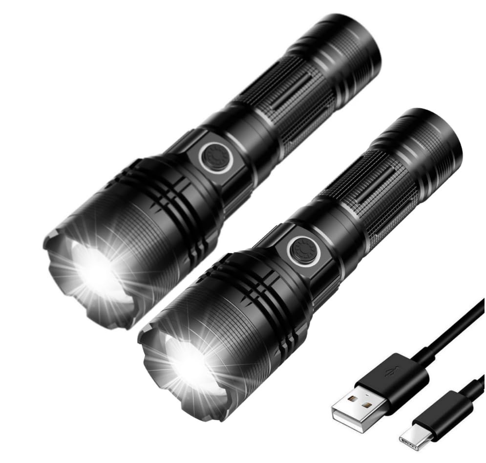 E-SHIDAI Rechargeable Flashlight, 2000 High Lumens, USB C, 2 Pack, Aluminum, Black2, Model E-SHIDAI-AFSDT