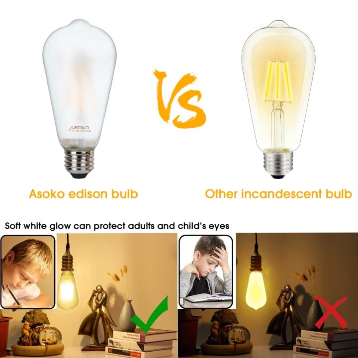 ASOKO ST64 LED Edison Bulbs, 6W Equivalent 60W, 2700K Warm White, Dimmable, 6 Pack