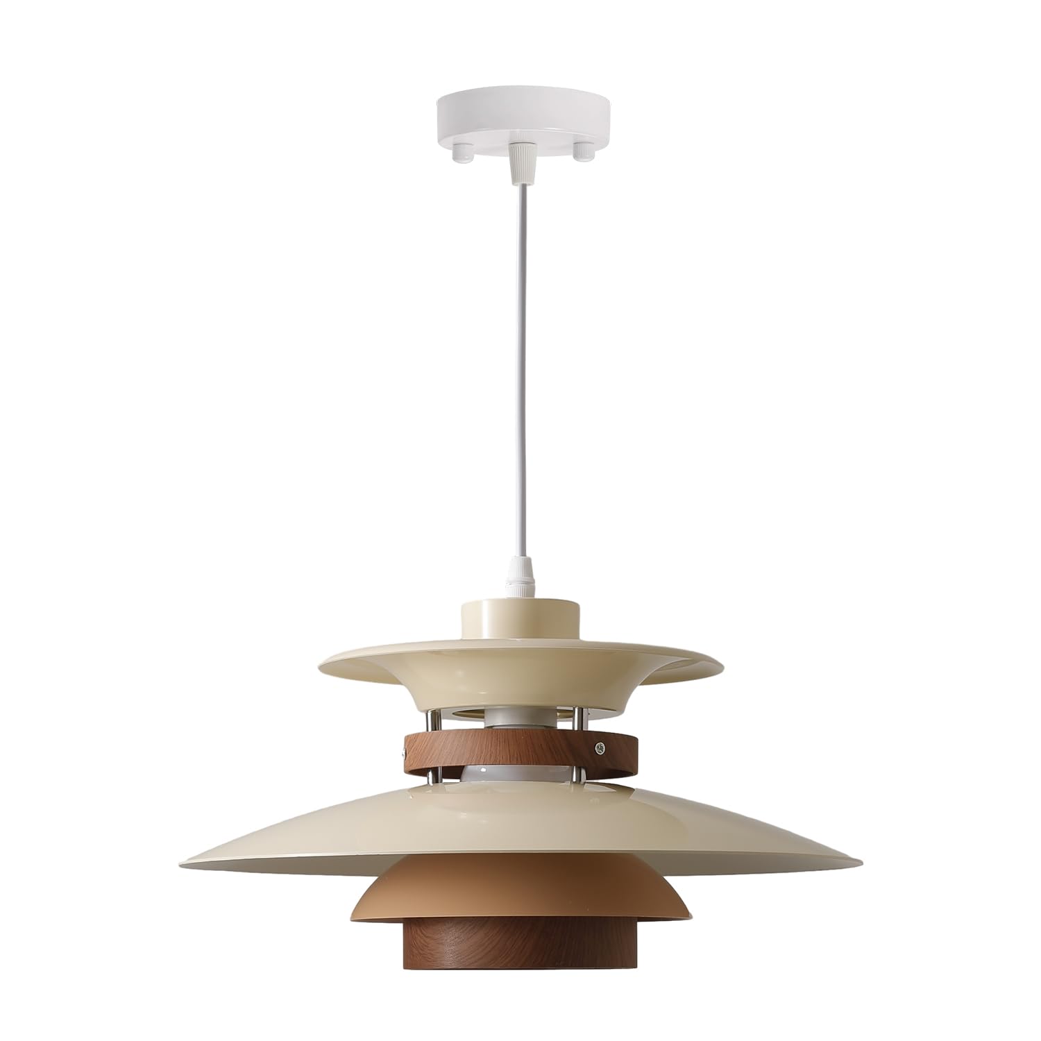 EFINEHOME Adjustable Pendant Lamp, 1-Light E26 Base, Aluminum & Wood Finish, 40cm, Beige+Dark Wood Grain, Model EFLM22385H