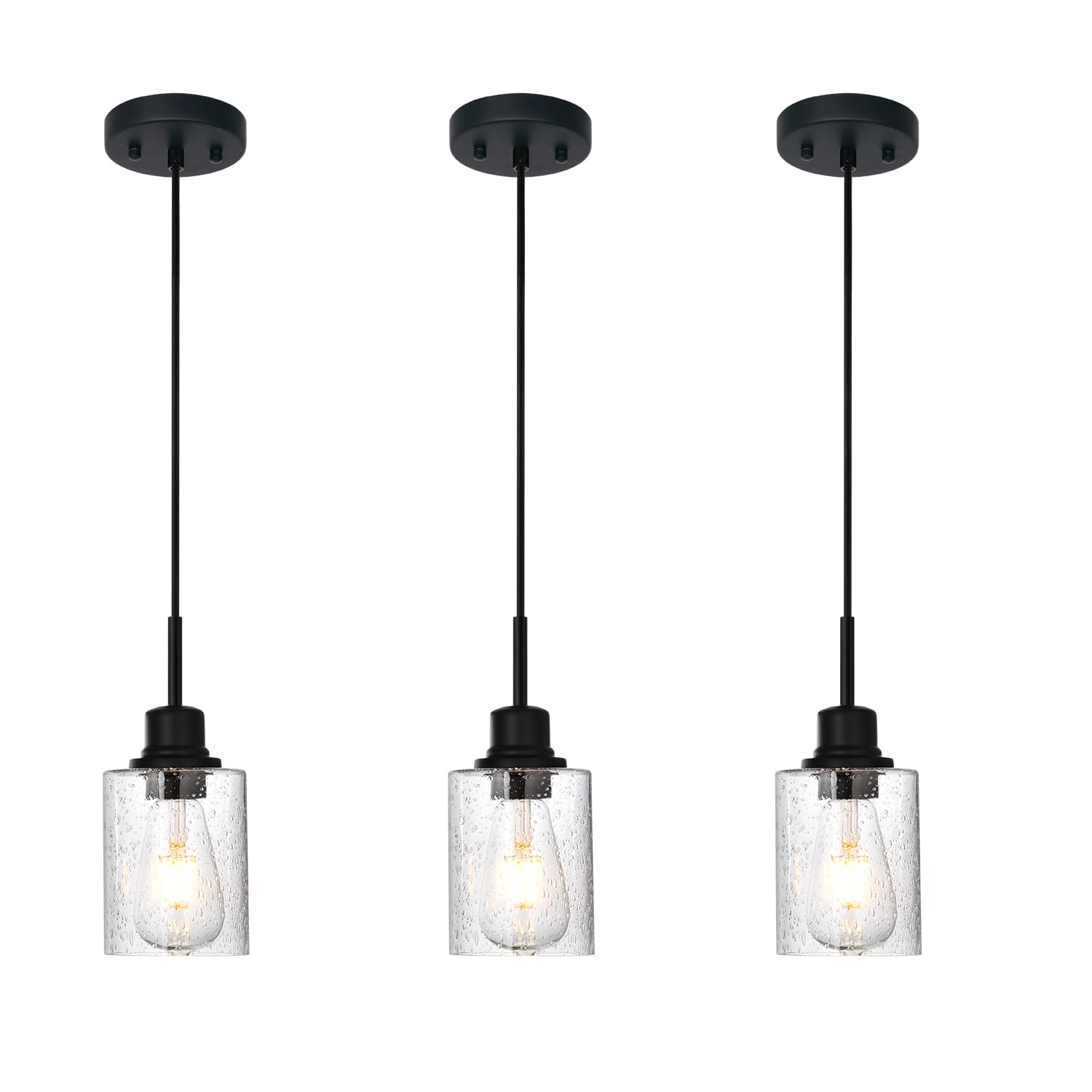 PENDRION Modern Farmhouse Mini Chandeliers 3 Pack Black Pendant Lights Kitchen Island with Seeded Glass, Dining Room Lighting Fi