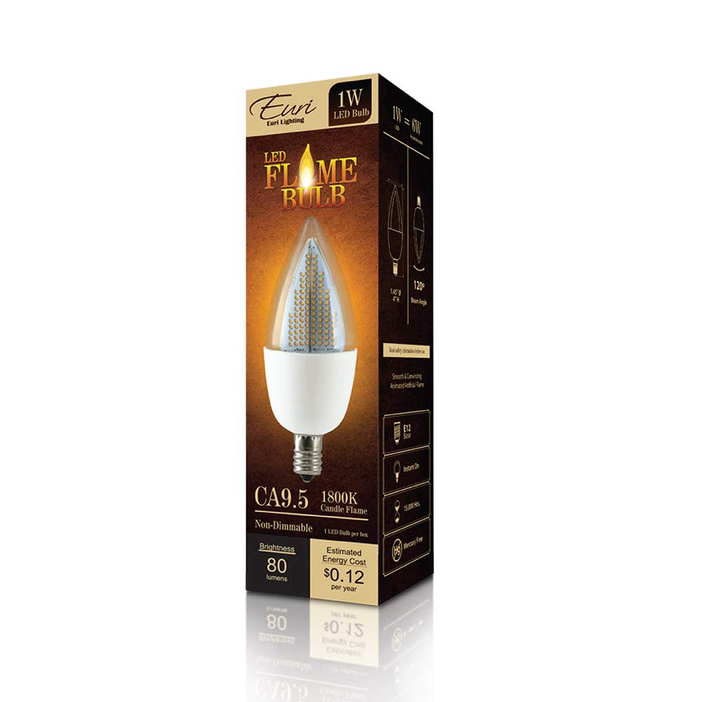 Euri Lighting Flickering Flame Bulb, ECA9.5-2120fc, LED CA9.5 Candelabra, E12, 1W (6W Equal), Warm White 1800K, Non-Dim, 80lm, 1
