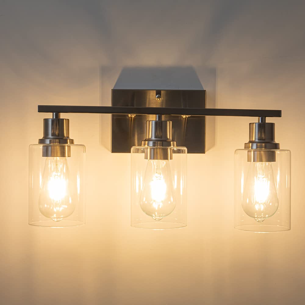 EMONG 3-Light Brushed Nickel Bathroom Vanity Light Fixture with Clear Glass Shades, AM-70050-3-SN, Ideal for Hallway, Living Room, Kitchen