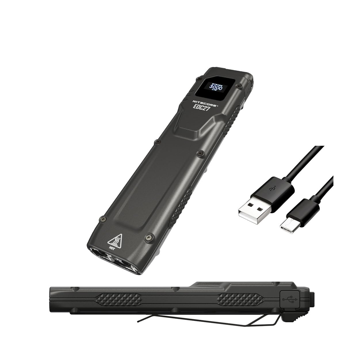 Nitecore Edc27 Rechargeable Flashlight - 3000 Lumens, Eco-Sensa Usb-C Charging Cable