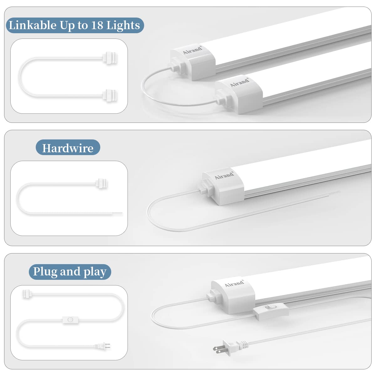 Airand LED Shop Light Fixture, 18W, 2FT, White, Flushmount, 2PCS, Model 1100-1300, Ideal for Garage, Shop, Cabinet, Basement