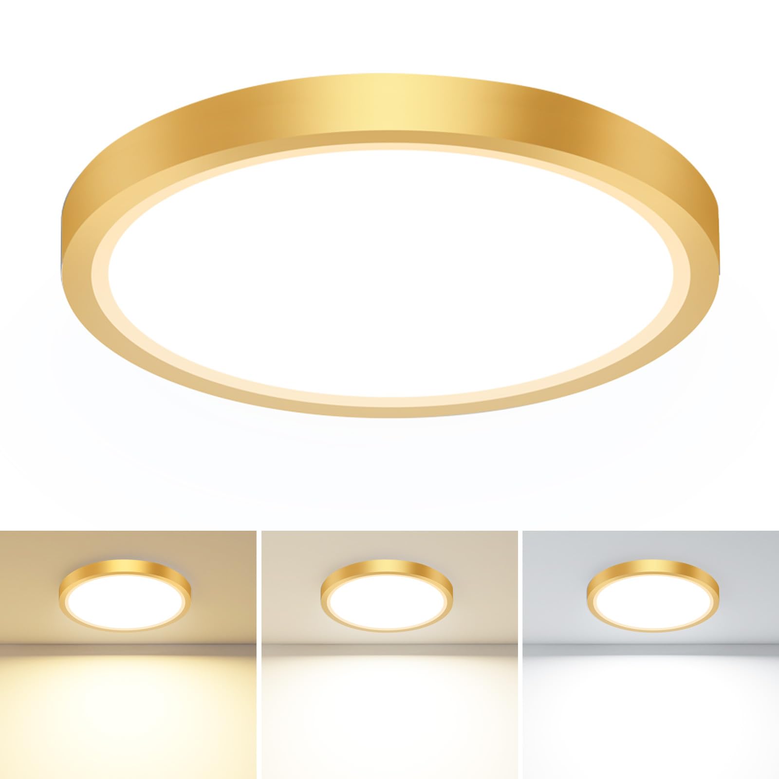 hepside LED Flush Mount Ceiling Light, 3CCT 3000K-4000K-6500K, 15W 1500Lm, 7.5 Inch, Gold