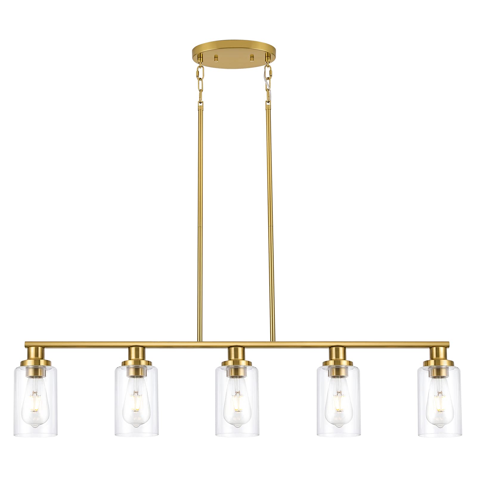Kpiok Kitchen Island Lighting, 5-Light Modern Dining Room Light Fixtures Over Table,Farmhouse Gold Linear Chandeliers For Dining Room, Industrial Pendant Lights Fixture With Clear Glass Shade