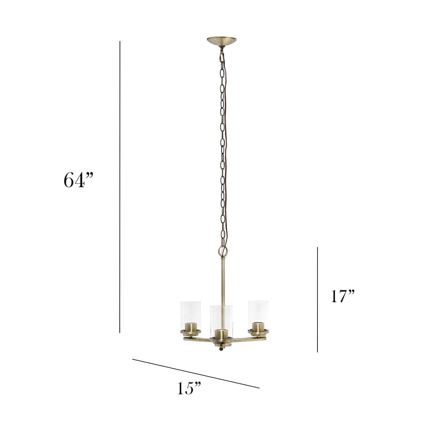 Elegant Designs Pendant Chandelier 3-Light Metal Clear Glass 15in Antique Brass PT1018-ABS