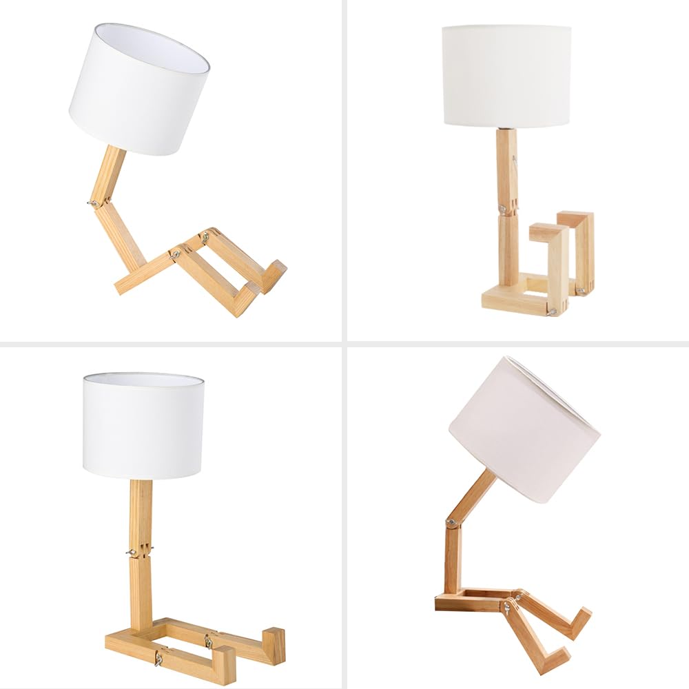 MUMENG Robot Desk Lamp Set of 2, Adjustable Wooden Bedside Lamp, White Lampshade, Model TB-QBT005-WHM2