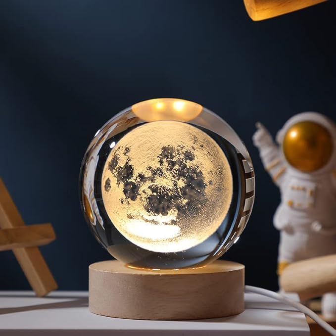 BITTZOOT 3D moon Crystal Ball Night Lamp,Solar System Crystal Ball Night Light, USB Table Colorful LED Wooden Crystal Ball for H