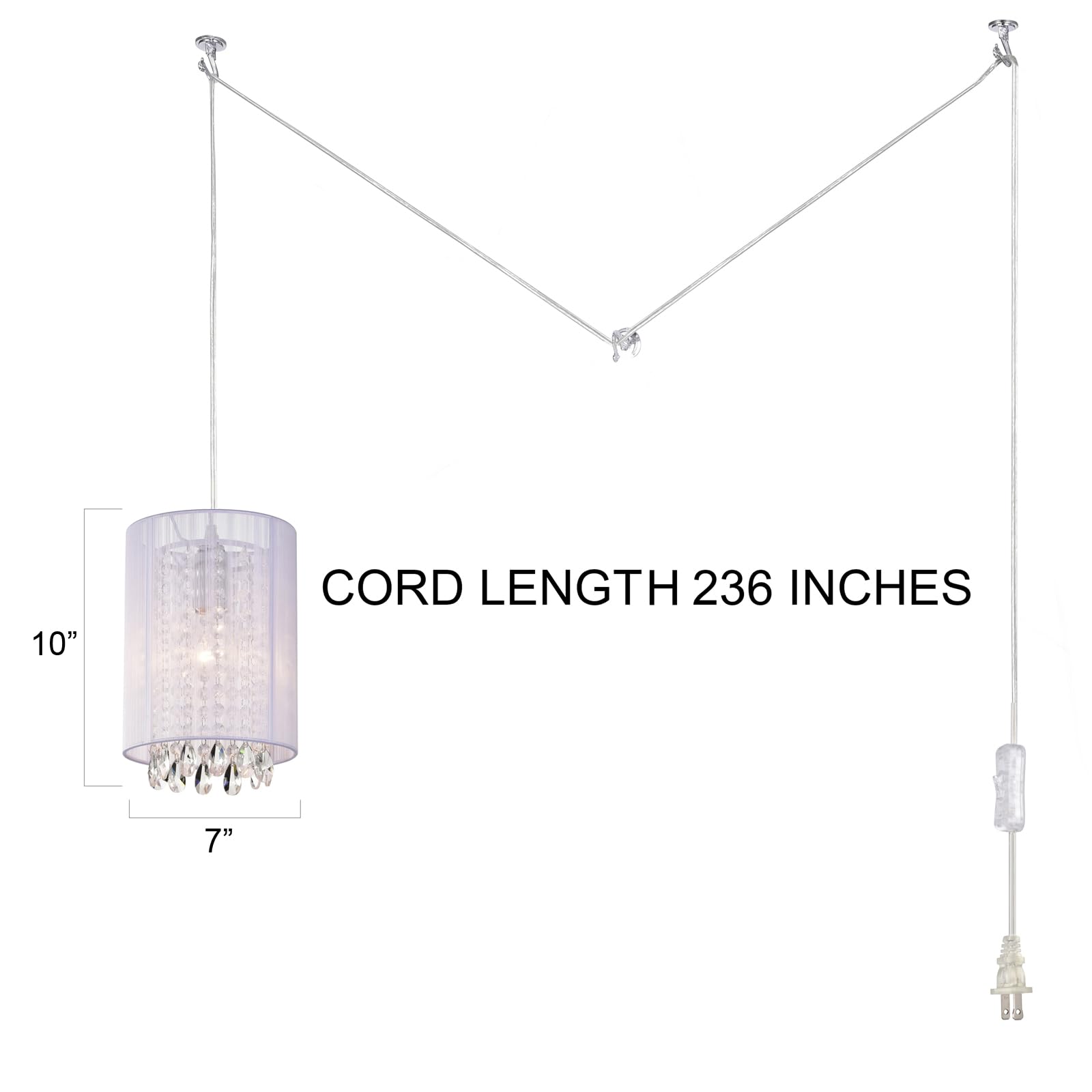 LaLuLa Plug-in Chandelier, White Cotton, Metal, 7in, Model P17168PK-P, Crystals Hanging Light for Bedrooms, Vanity, Bathroom