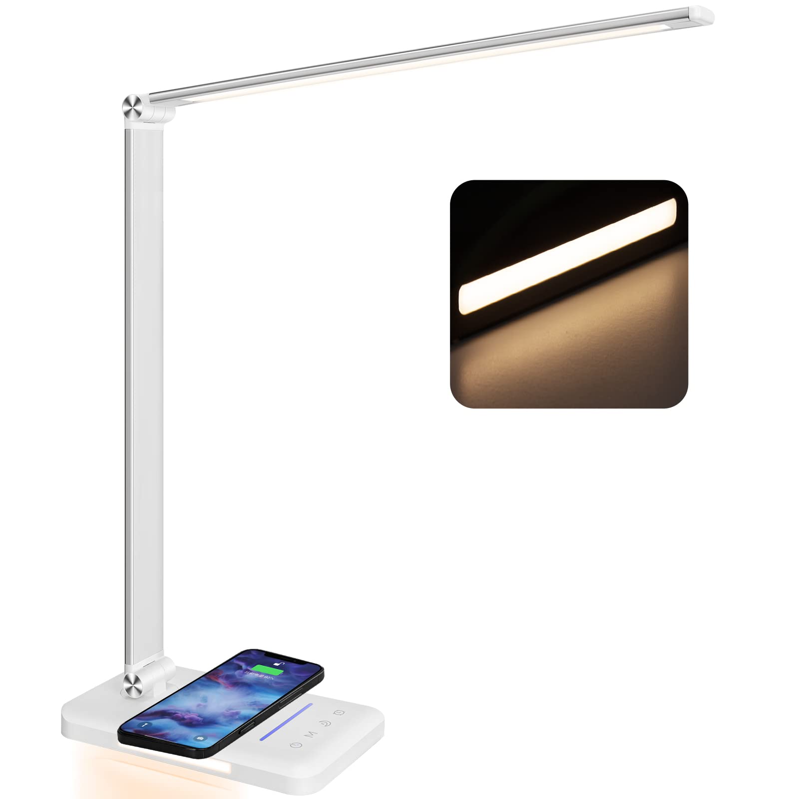 JOSTIC LED Desk Lamp with Wireless Charger, Touch Control, 10 Brightness, 5 Color Modes, Aluminum, White - Model EK009A
