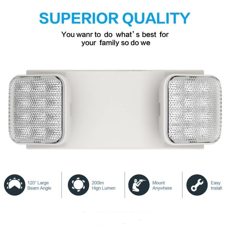 Exitlux 1 Pack Led Emergency Lighting Fixture With 2 Led Heads-Hardwired Adjustable White Commercial Emergency Lights With Batte