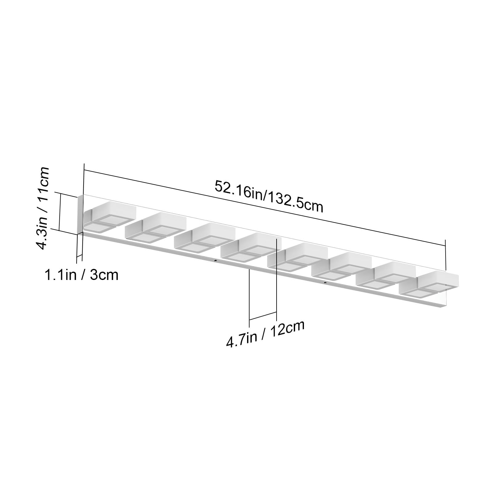 Ralbay 52in Chrome LED Vanity Light Fixture, 8 Lights, Acrylic & Stainless Steel, Model 8590, Modern Bathroom Lighting Over Mirror
