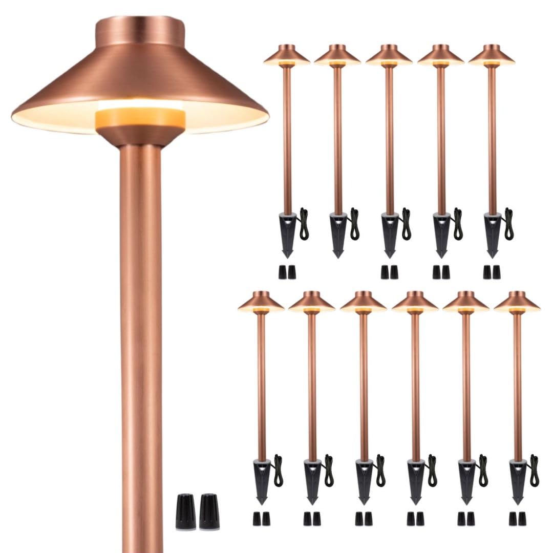 Gardenreet 12V Brass Outdoor Landscape Copper Pathway Lights(Hat) Led Low Voltage Landscape Lighting For Walkway Driveway Garden Yard Without G4 Bulb(12 Pack)