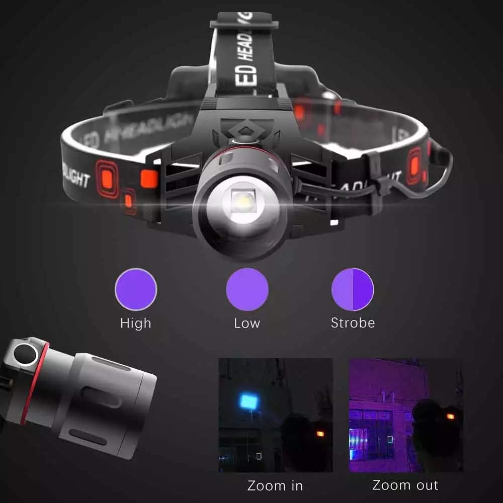 PROFORUS UV LED Headlamp - Rechargeable & Zoomable, 395nm Purple Light for Detecting Leaks, Scorpions, and Pet Urine Stains
