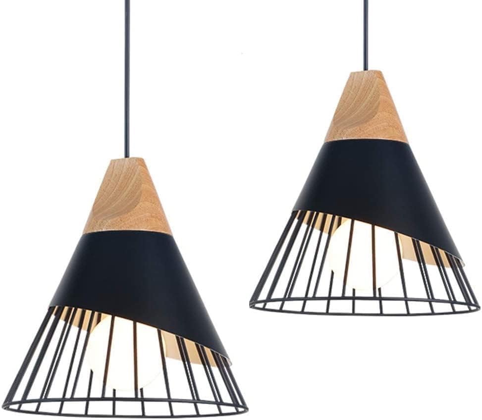 Mxsaoud 2 Pieces Modern Black Pendant Light Over Kitchen Island,Adjustable Wood Hanging Light Fixture,Industrial Pendant Lightin