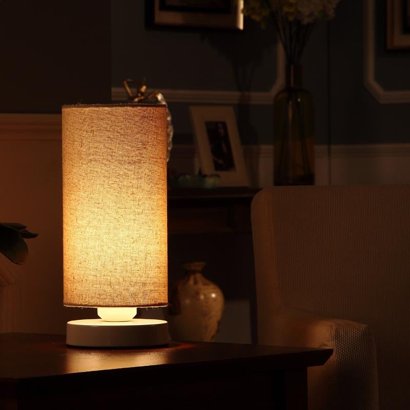 Bieye Linen Fabric Table Lamp, Cylindrical Lampshade, 11-inch Tall, Creamy-White