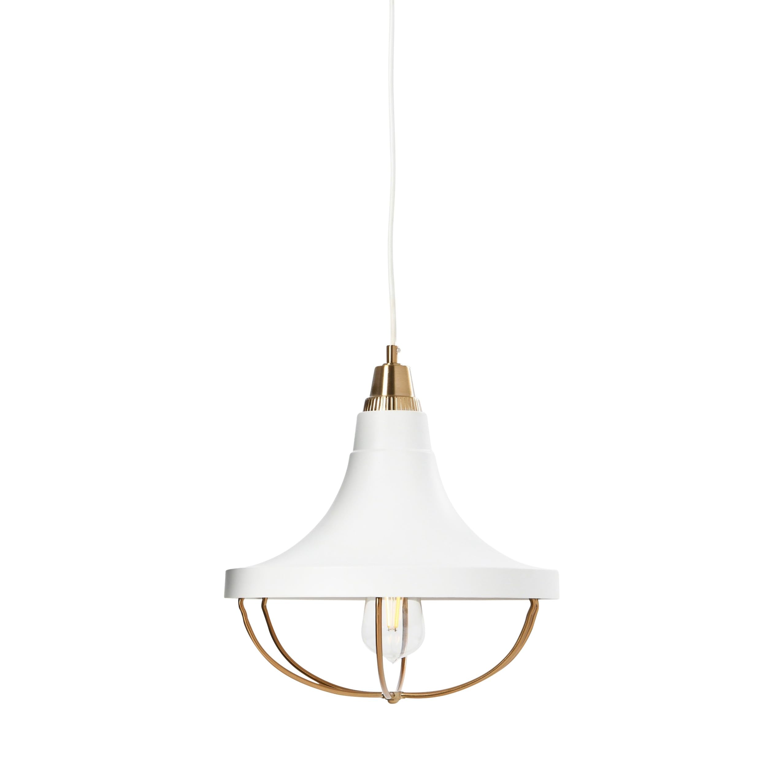 Robert Stevenson Lighting Presley - Caged Trumpet Metal Ceiling Light, Brushed Brass and White