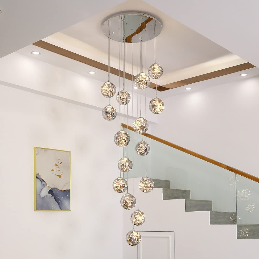 Kaucqi 15-Light Led Chandelier - Modern Crystal Ceiling Light For High Ceilings, Adjustable 23&quot;W X 100&quot;H