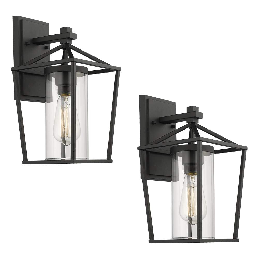Emliviar Outdoor Porch Lights, 2 Pack Wall Mount Fixtures, Black Metal With Clear Glass, 13.8&quot;