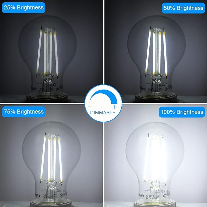 Energetic Dimmable Led Filament Light Bulbs Clear, 8W, 60 Watt Equivalent, Daylight 5000K, Classic Clear Glass, A19 Led Edison B