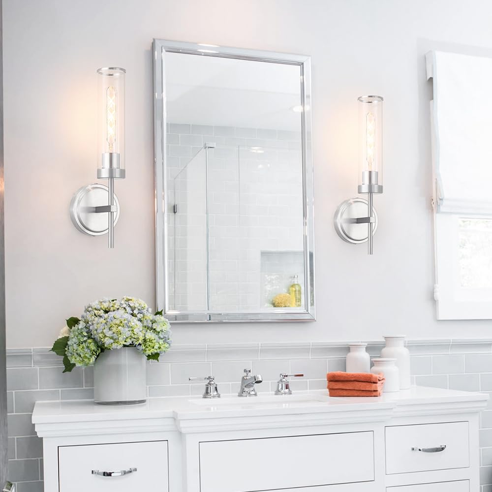 DSMJFU Wall Sconces Set of 2, Brushed Nickel, Metal Lighting Fixtures, 15.94in Hardwired, Clear Glass for Bathroom, Living Room, Hallway