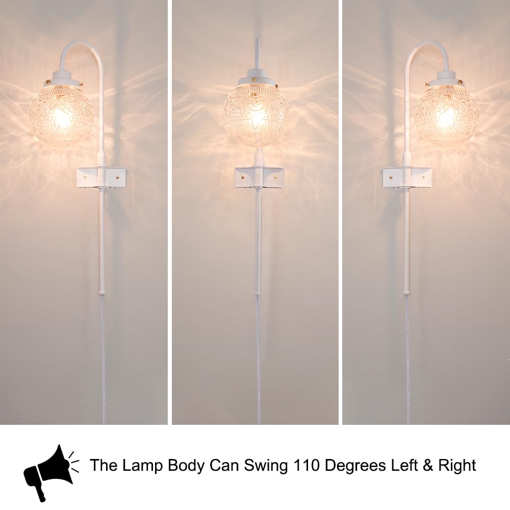 Daunton Vintage Plug in Wall Sconces Set of 2, White Metal with Globe Glass, Adjustable Bedside Light, Model 250109