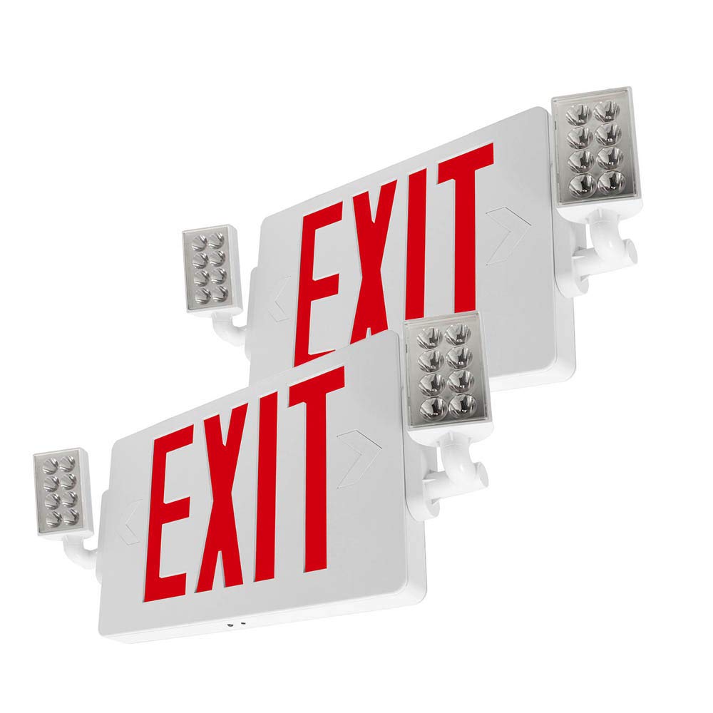 LFI Lights Thin COMBO UL 924 Listed, Red LED, Exit Sign with Emergency Lights, White, 120-277VAC Hardwired with Battery Backup, 